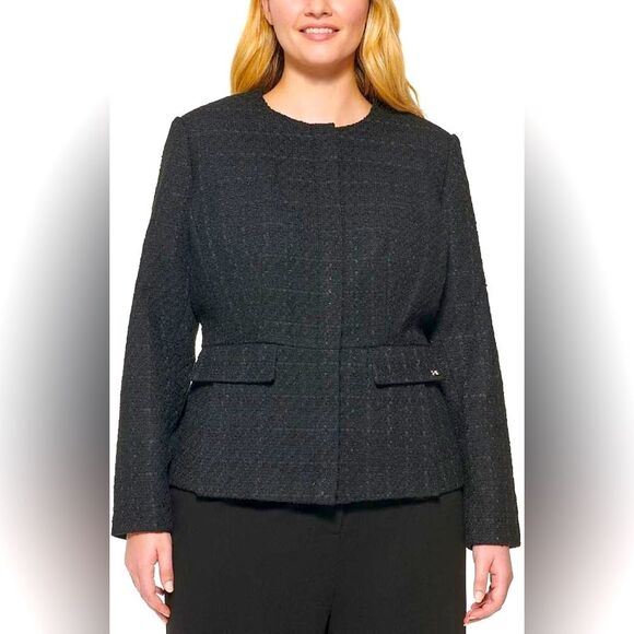 Calvin Klein Black Tweed Blazer Size 12 Peplum Front Zip Classic Coat - Picture 1 of 11